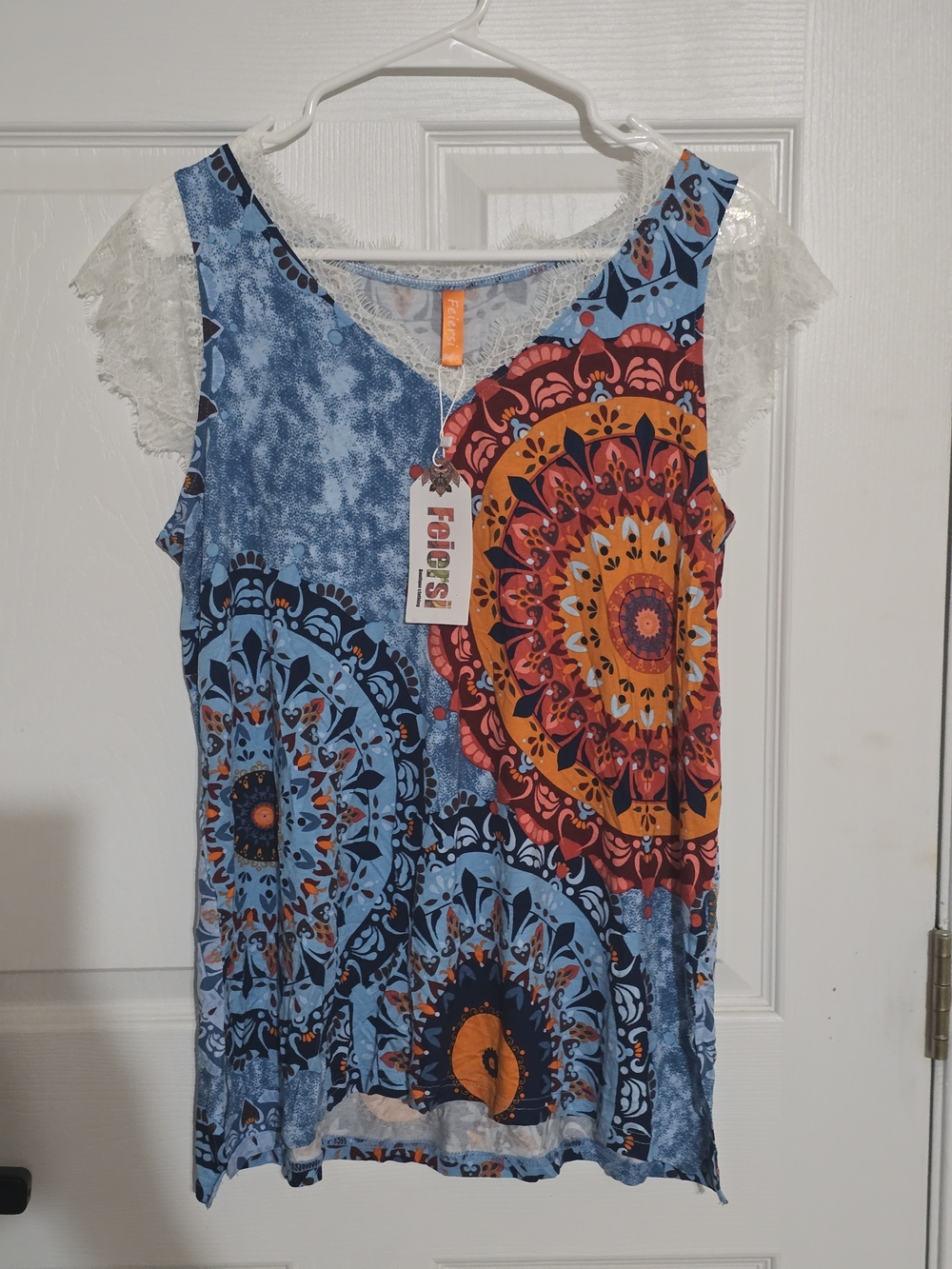 Blue Mandala Print Lace-Trim Tank Top -